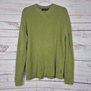 Structure Mens XL Green Ribbed V-Neck Sweater 100% Cotton Long Sleeve Sage